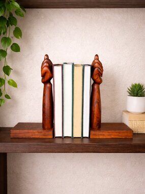 Vintage Carved Wood Bookends, MCM Hand Sculpture Decor for Book Shelf